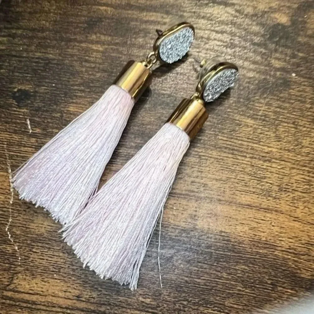Rhinestone and Pink Tassel Dangle Earrings